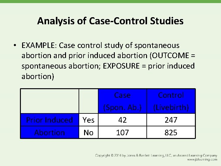 Analysis of Case-Control Studies • EXAMPLE: Case control study of spontaneous abortion and prior