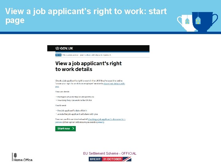 View a job applicant’s right to work: start page EU Settlement Scheme - OFFICIAL