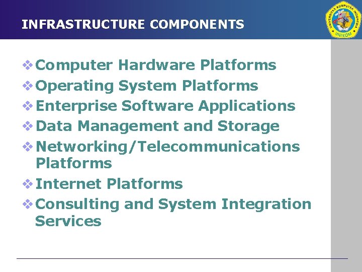 INFRASTRUCTURE COMPONENTS v Computer Hardware Platforms v Operating System Platforms v Enterprise Software Applications