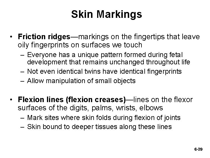 Skin Markings • Friction ridges—markings on the fingertips that leave oily fingerprints on surfaces Skin Markings • Friction ridges—markings on the fingertips that leave oily fingerprints on surfaces