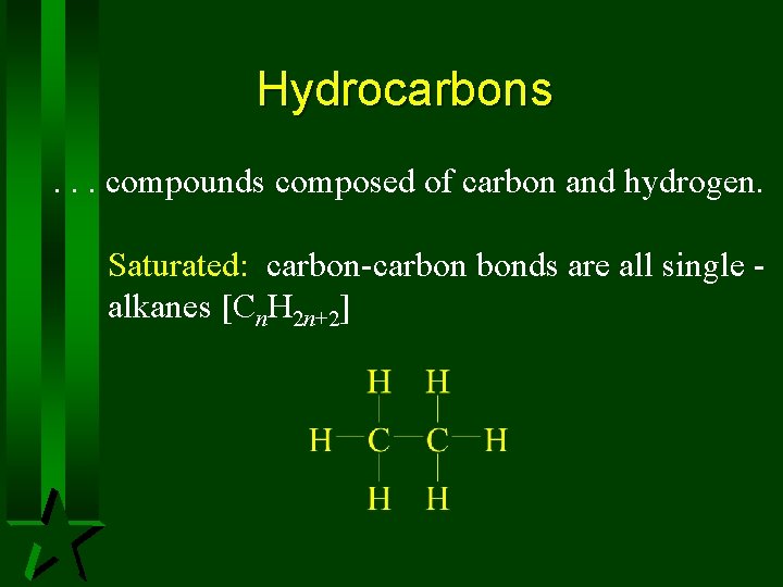 Hydrocarbons. . . compounds composed of carbon and hydrogen. Saturated: carbon-carbon bonds are all Hydrocarbons. . . compounds composed of carbon and hydrogen. Saturated: carbon-carbon bonds are all