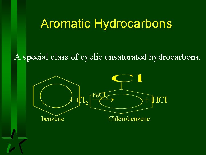 Aromatic Hydrocarbons A special class of cyclic unsaturated hydrocarbons. + Cl 2 benzene + Aromatic Hydrocarbons A special class of cyclic unsaturated hydrocarbons. + Cl 2 benzene +