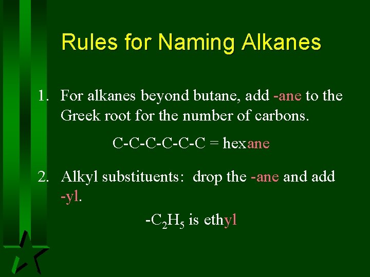Rules for Naming Alkanes 1. For alkanes beyond butane, add -ane to the Greek Rules for Naming Alkanes 1. For alkanes beyond butane, add -ane to the Greek
