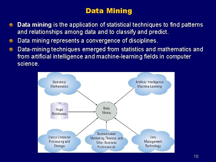 Data Mining Data mining is the application of statistical techniques to find patterns and