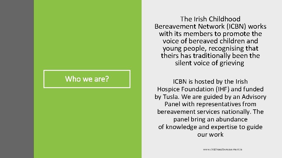 The Irish Childhood Bereavement Network (ICBN) works with its members to promote the voice