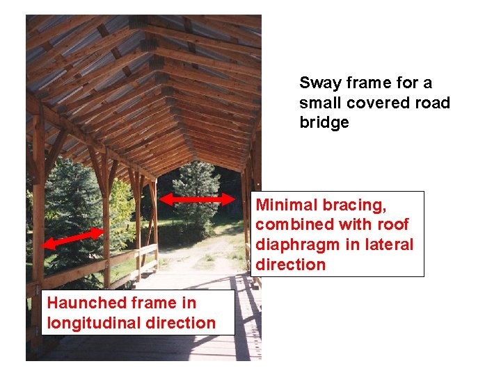 Sway frame for a small covered road bridge Minimal bracing, combined with roof diaphragm