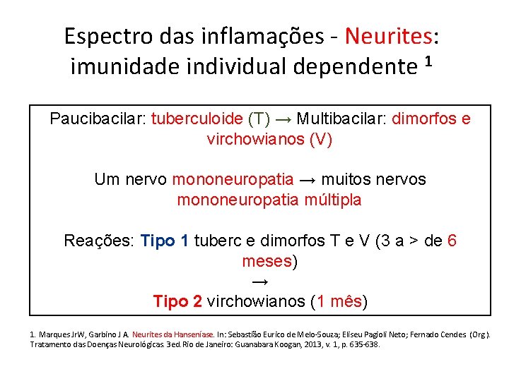 Espectro das inflamações - Neurites: imunidade individual dependente 1 Paucibacilar: tuberculoide (T) → Multibacilar: