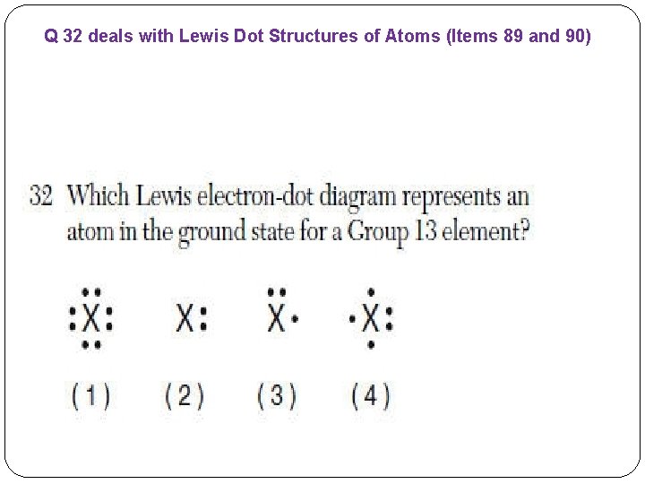 Q 32 deals with Lewis Dot Structures of Atoms (Items 89 and 90) 