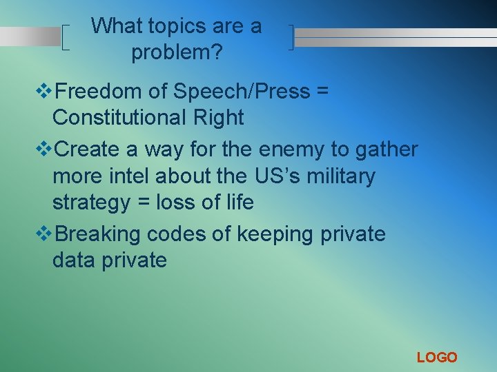 What topics are a problem? v. Freedom of Speech/Press = Constitutional Right v. Create