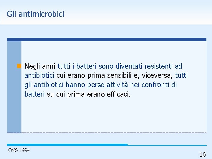 Gli antimicrobici n Negli anni tutti i batteri sono diventati resistenti ad antibiotici cui