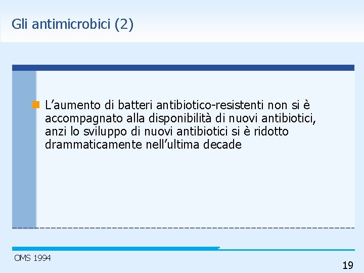 Gli antimicrobici (2) n L’aumento di batteri antibiotico-resistenti non si è accompagnato alla disponibilità