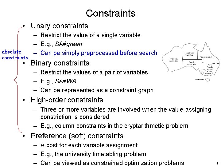 Constraints • Unary constraints absolute constraints – Restrict the value of a single variable
