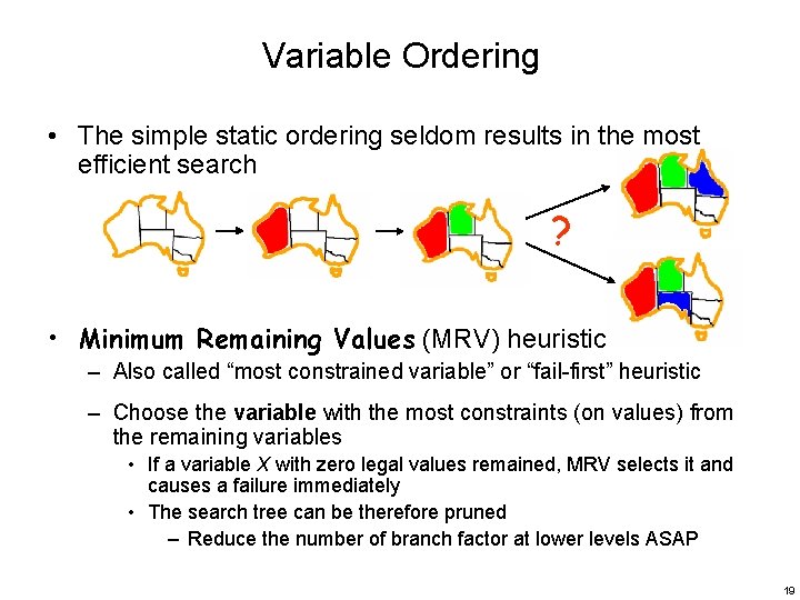 Variable Ordering • The simple static ordering seldom results in the most efficient search