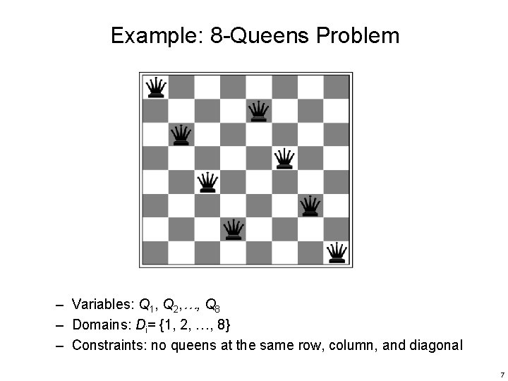 Example: 8 -Queens Problem – Variables: Q 1, Q 2, …, Q 8 –