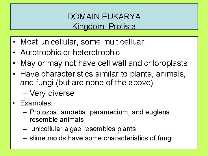 DOMAIN EUKARYA Kingdom: Protista • • Most unicellular, some multicelluar Autotrophic or heterotrophic May