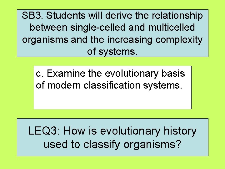 SB 3. Students will derive the relationship between single-celled and multicelled organisms and the