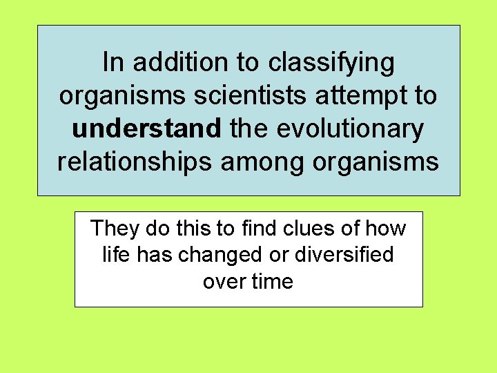In addition to classifying organisms scientists attempt to understand the evolutionary relationships among organisms