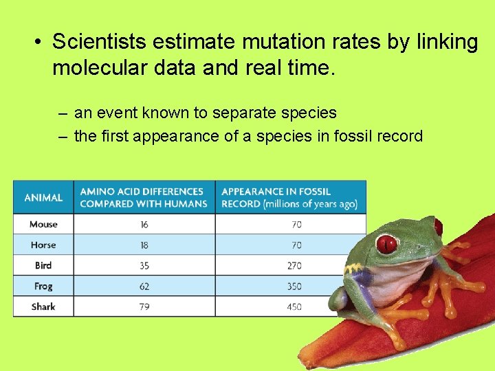  • Scientists estimate mutation rates by linking molecular data and real time. –