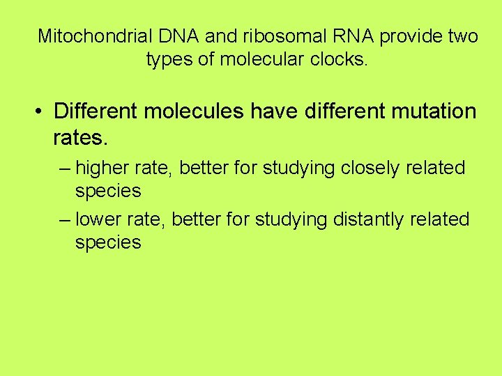 Mitochondrial DNA and ribosomal RNA provide two types of molecular clocks. • Different molecules