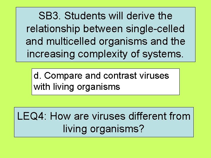 SB 3. Students will derive the relationship between single-celled and multicelled organisms and the