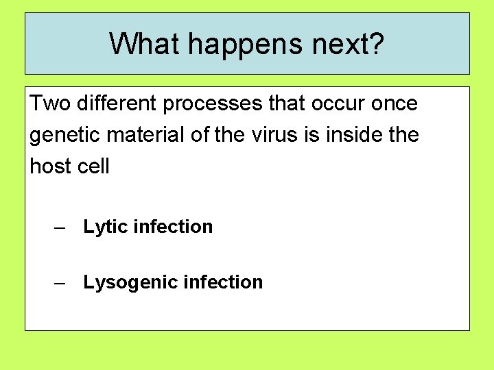 What happens next? Two different processes that occur once genetic material of the virus