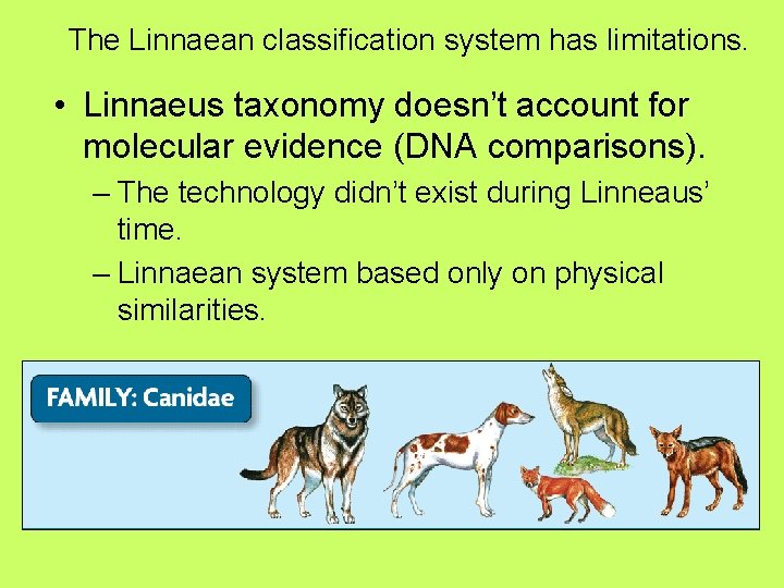 The Linnaean classification system has limitations. • Linnaeus taxonomy doesn’t account for molecular evidence