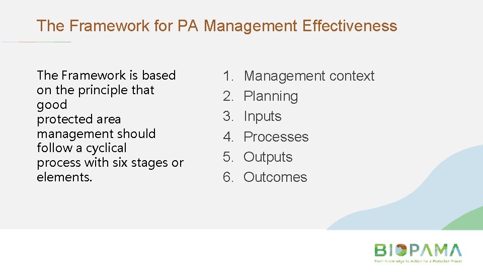 The Framework for PA Management Effectiveness The Framework is based on the principle that