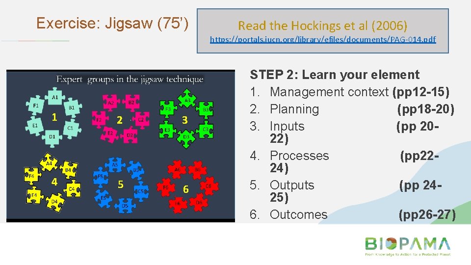 Exercise: Jigsaw (75’) Read the Hockings et al (2006) https: //portals. iucn. org/library/efiles/documents/PAG-014. pdf