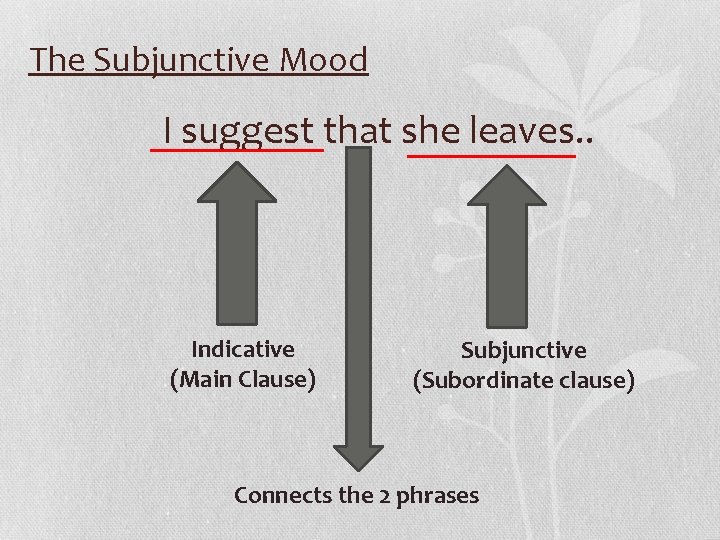 The Subjunctive Mood I suggest that she leaves. . Indicative (Main Clause) Subjunctive (Subordinate