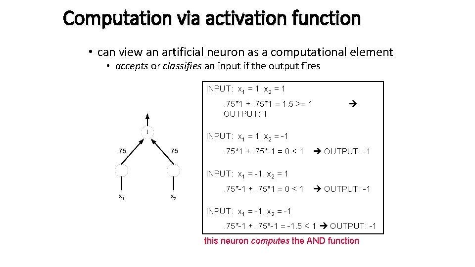 Computation via activation function • can view an artificial neuron as a computational element