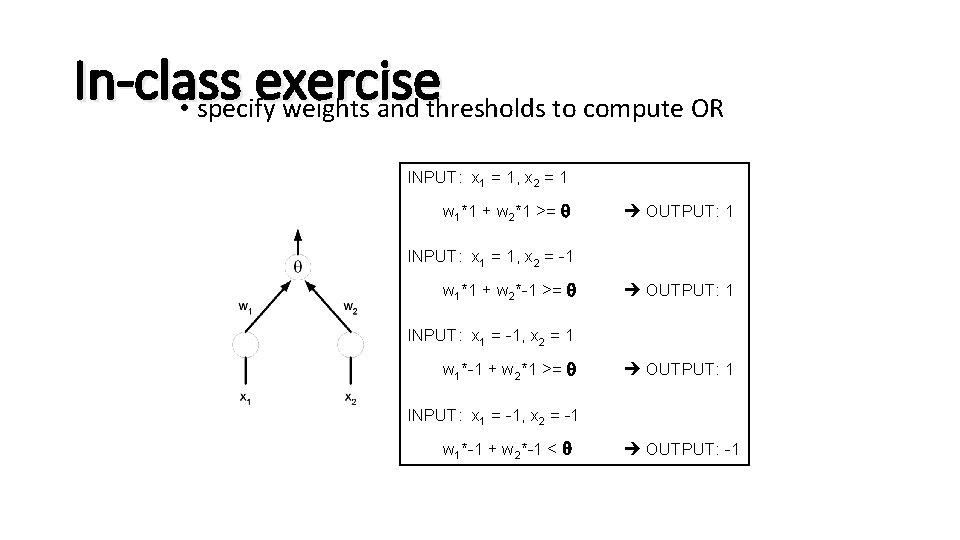 In-class exercise • specify weights and thresholds to compute OR INPUT: x 1 =