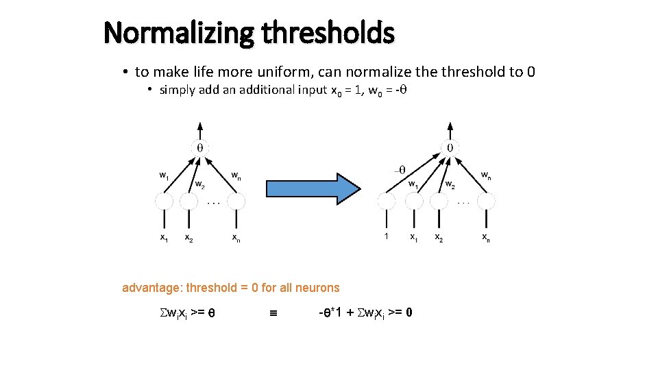 Normalizing thresholds • to make life more uniform, can normalize threshold to 0 •