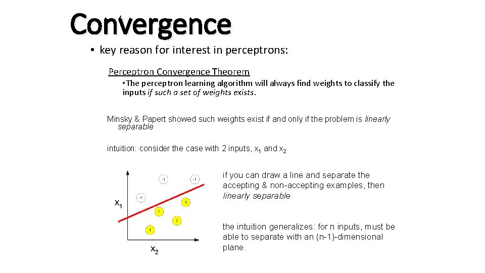 Convergence • key reason for interest in perceptrons: Perceptron Convergence Theorem • The perceptron