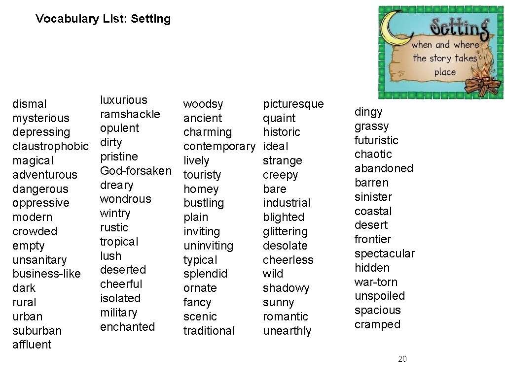 Vocabulary List: Setting dismal mysterious depressing claustrophobic magical adventurous dangerous oppressive modern crowded empty