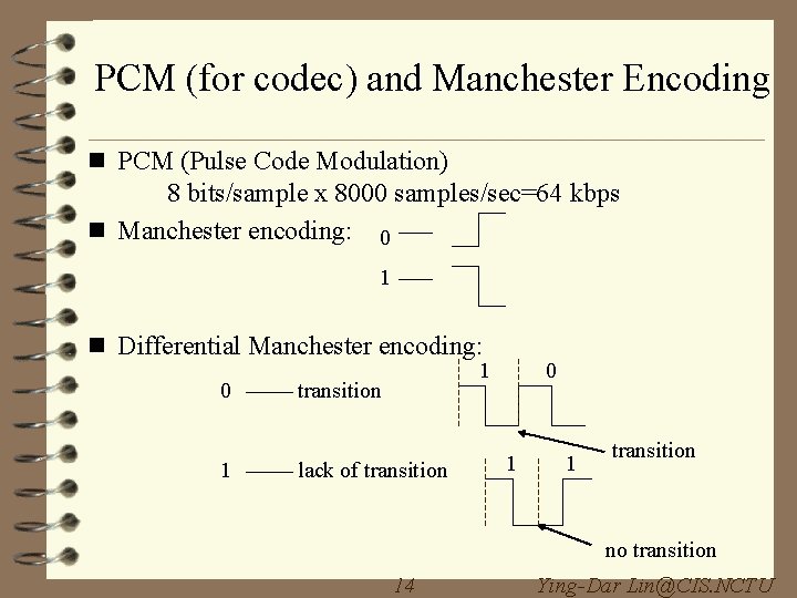 PCM (for codec) and Manchester Encoding n PCM (Pulse Code Modulation) 8 bits/sample x