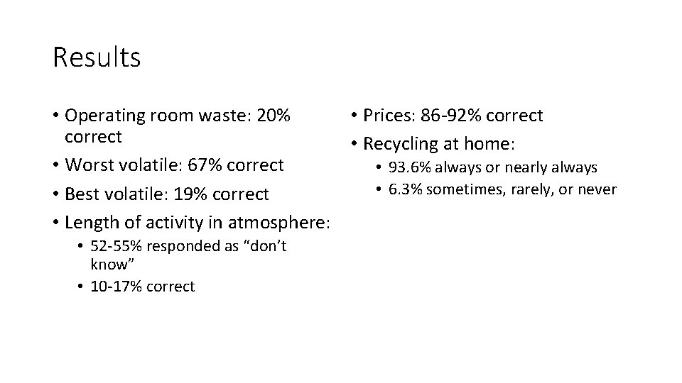 Results • Operating room waste: 20% • Prices: 86 -92% correct • Recycling at