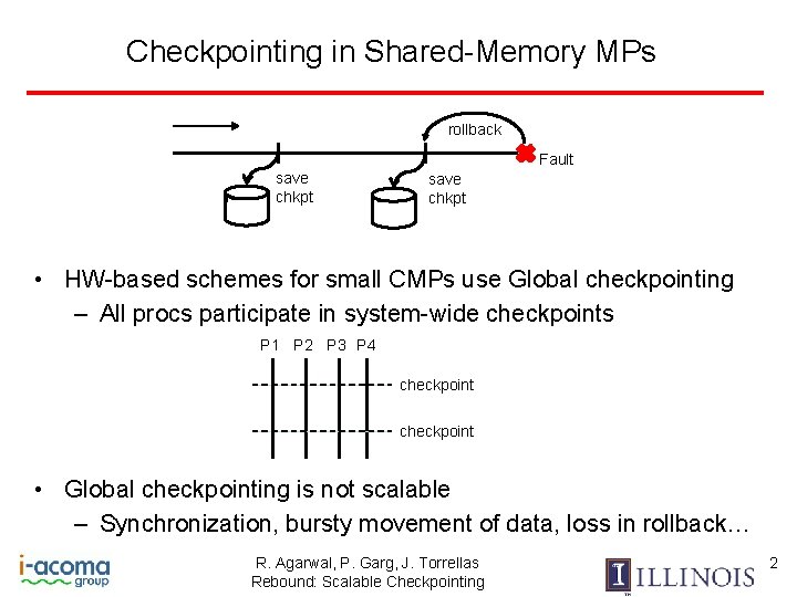Checkpointing in Shared-Memory MPs rollback Fault save chkpt • HW-based schemes for small CMPs