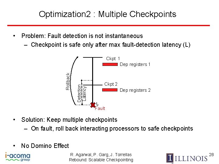 Optimization 2 : Multiple Checkpoints • Problem: Fault detection is not instantaneous – Checkpoint