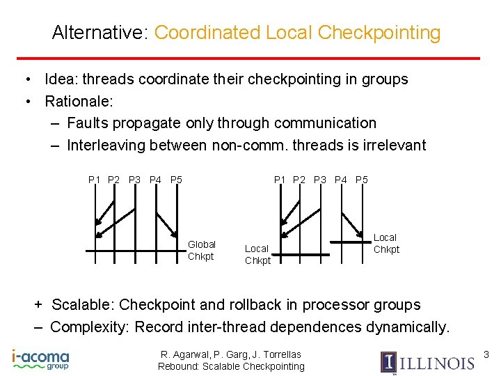 Alternative: Coordinated Local Checkpointing • Idea: threads coordinate their checkpointing in groups • Rationale: