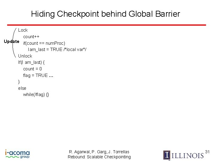 Hiding Checkpoint behind Global Barrier Lock count++ Update if(count == num. Proc) Iam_last =
