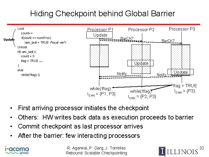 Hiding Checkpoint behind Global Barrier Lock count++ if(count == num. Proc) Update Iam_last =