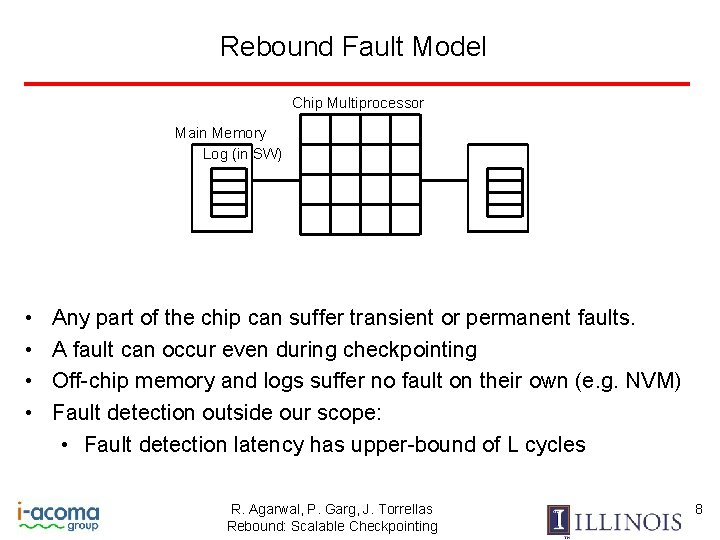 Rebound Fault Model Chip Multiprocessor Main Memory Log (in SW) • • Any part