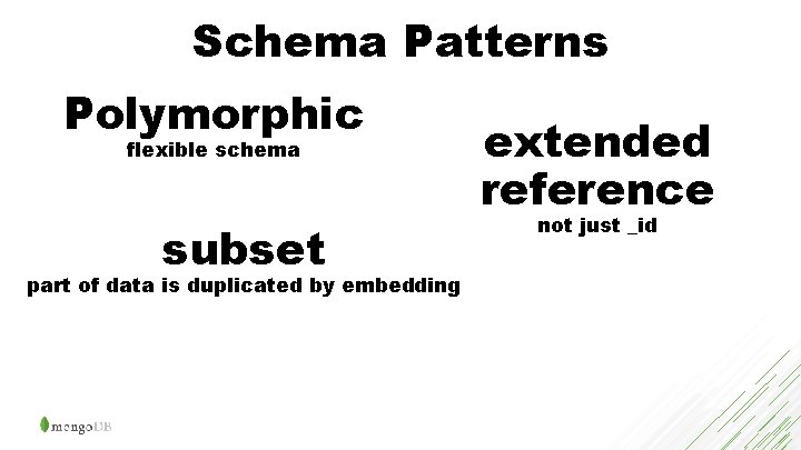 Schema Patterns Polymorphic flexible schema subset part of data is duplicated by embedding extended