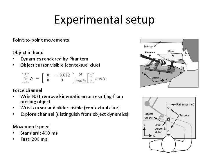 Experimental setup Point-to-point movements Object in hand • Dynamics rendered by Phantom • Object