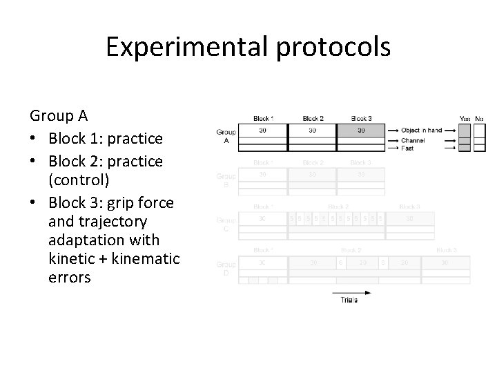 Experimental protocols Group A • Block 1: practice • Block 2: practice (control) •