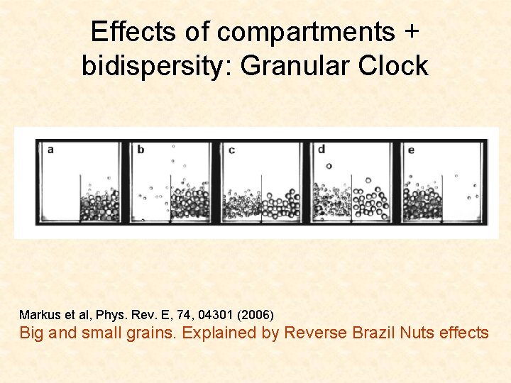 Effects of compartments + bidispersity: Granular Clock Markus et al, Phys. Rev. E, 74,