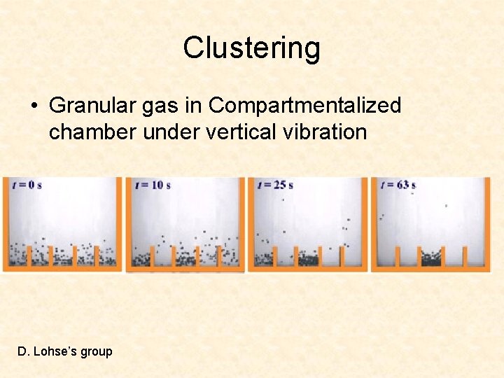 Clustering • Granular gas in Compartmentalized chamber under vertical vibration D. Lohse’s group 