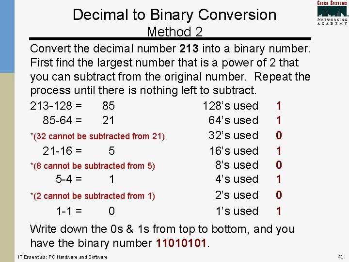 Decimal to Binary Conversion Method 2 Convert the decimal number 213 into a binary