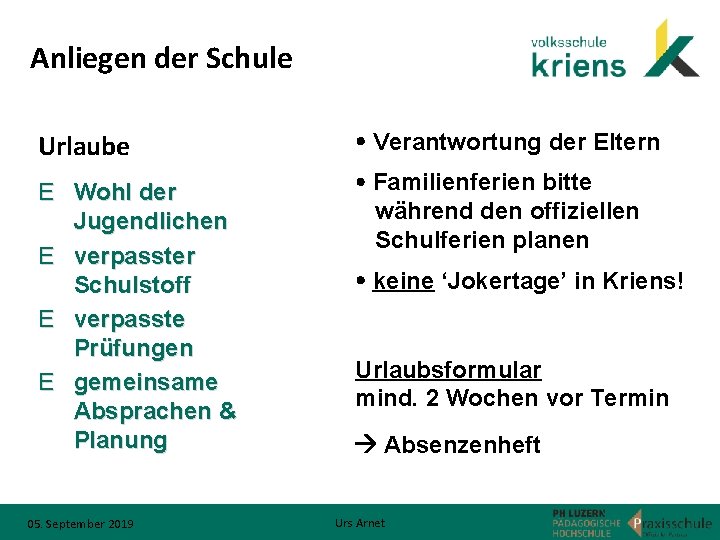 Anliegen der Schule Urlaube Verantwortung der Eltern E Wohl der Jugendlichen E verpasster Schulstoff