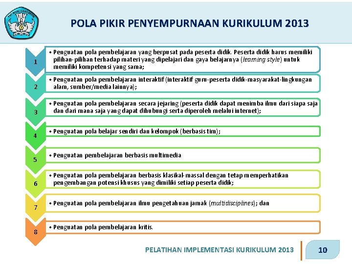 POLA PIKIR PENYEMPURNAAN KURIKULUM 2013 1 • Penguatan pola pembelajaran yang berpusat pada peserta